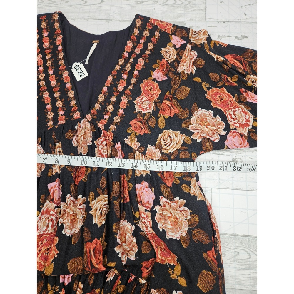 Free People Floral Tiered Maxi Dress Black Rose Boho V-Neck Long Sleeve Medium - Picture 5 of 7